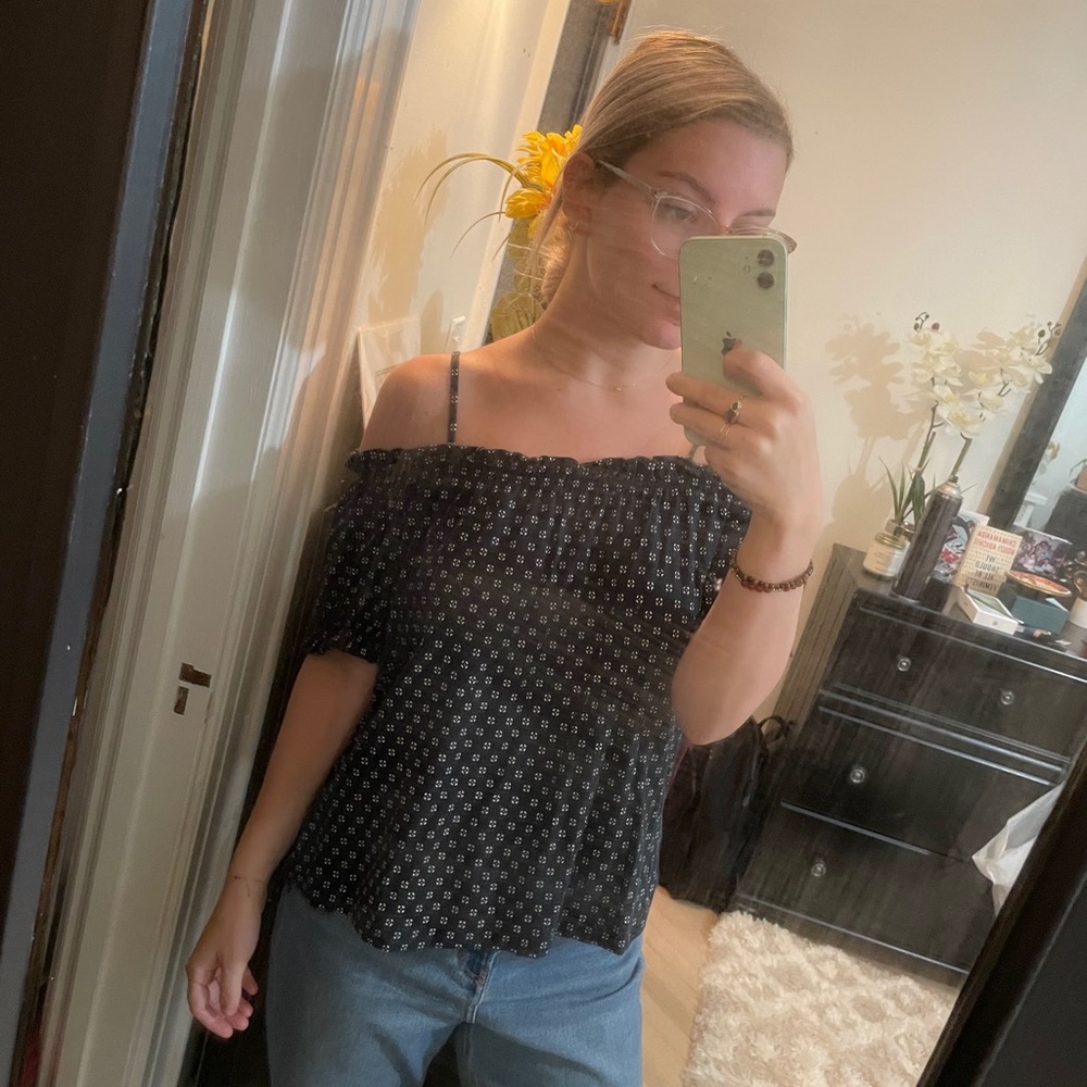 Navy Patterned Off the Shoulder Top